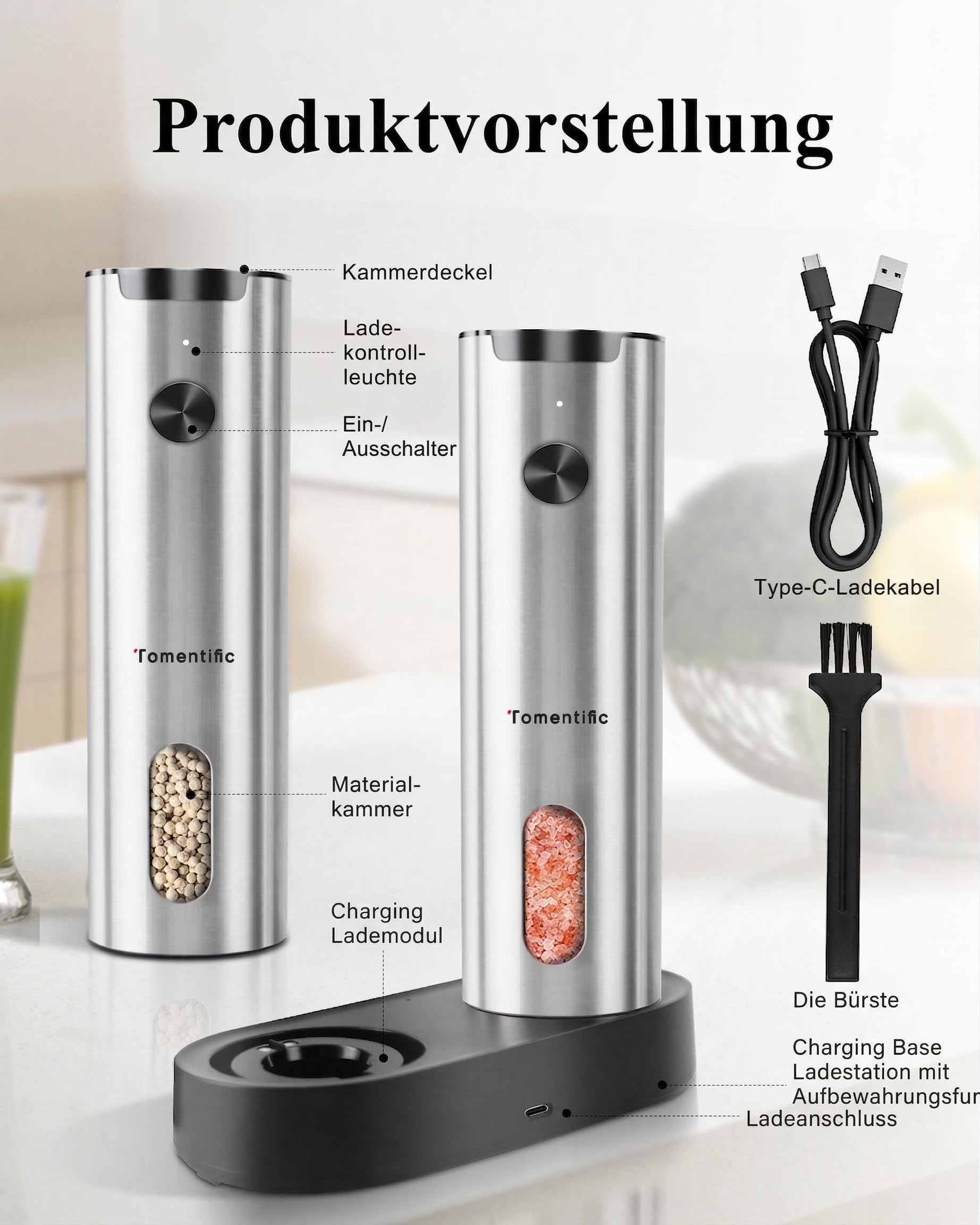 Salz und Pfeffermühle Elektrisch, Elektrische Gewürzmühle Set USB Wiederaufladbar Rostfreier Stahl mit Ladestation/6-Stufige Mahlgradeinstellung/Led-Licht, Küchenhelfer für die Küche