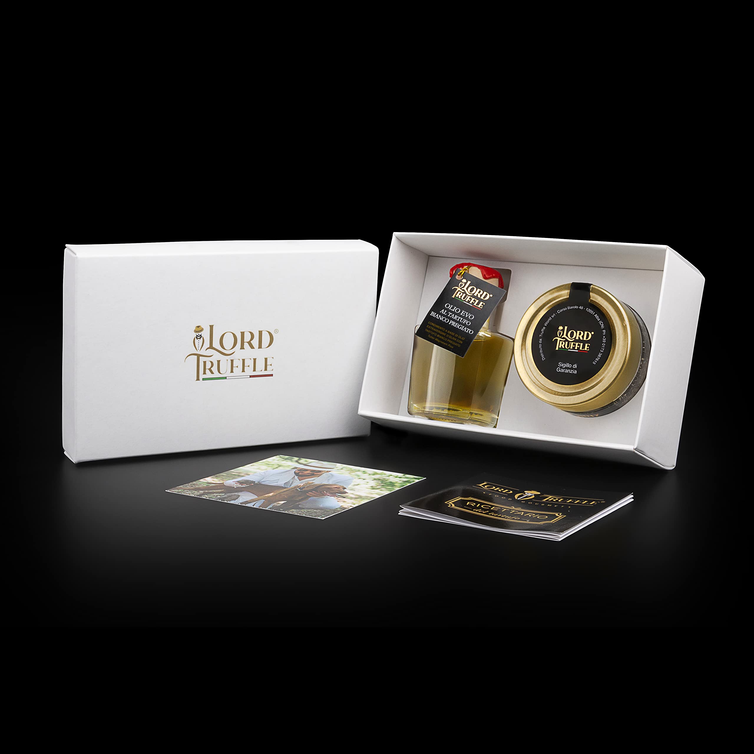 Lord Truffle | Set Regalo Lusso: 1 Olio EVO Italiano al Tartufo Bianco Pregiato 100ml e 60 g di Fiocchi di Sale Maldon con Tartufo Bianco Italiano Pregiato, Qualità 100% Italiana