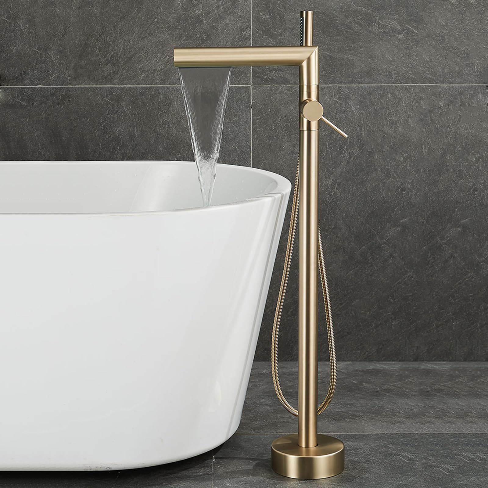HADECOLL Floorstanding Bath Tap Waterfall Single Handle Hot And Cold Brass Freestanding Bath Shower Mixer Tap, Brushed Gold,Brushed Gold