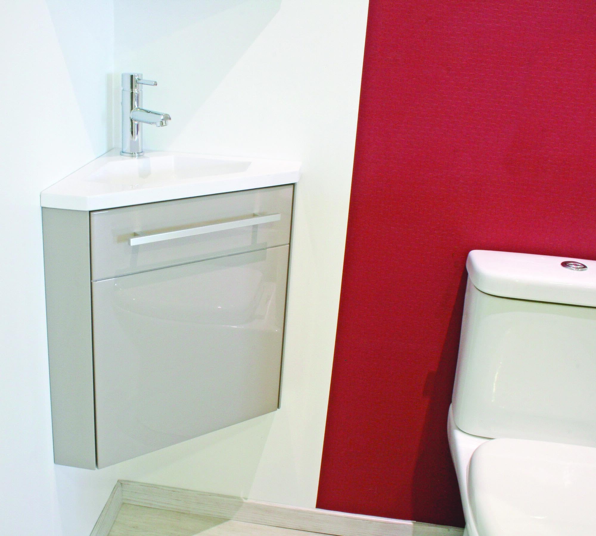 Mueble de lavabo suspendido colección NINO - mueble de esquina compacto - varias opciones de color. Encimera de resina extra plana sin rebosadero - 1 puerta - cierre suave - Ancho 53cm - lacado topo