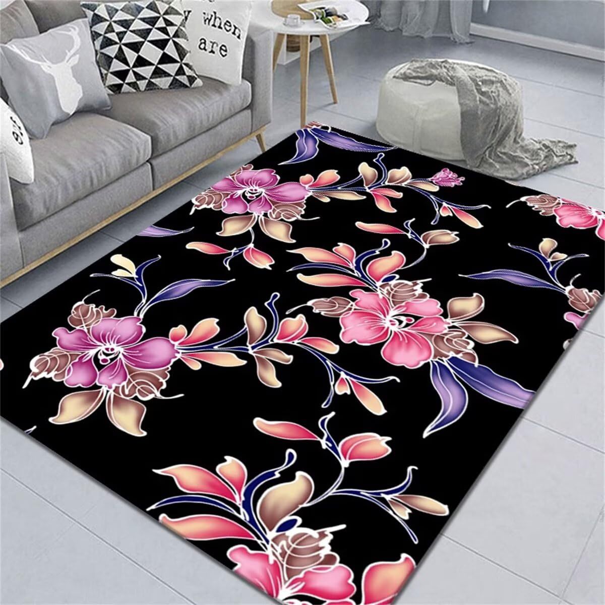 Tapis de jeu bébé 120x170cm lavable en machine imprimé fleuri noir