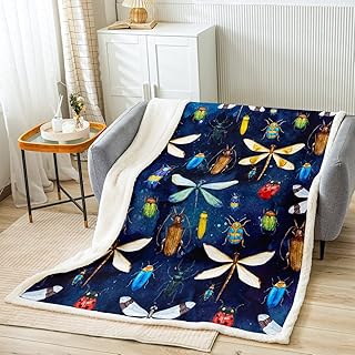 Homewish Dragonfly Blankets Colorful Ladybug Entomology Throw Blanket for Kids Boys Girls Room Decor Nature Animals Themed Fleece Blanket Navy Blue Sherpa Blanket,for Chair/Sofa,50