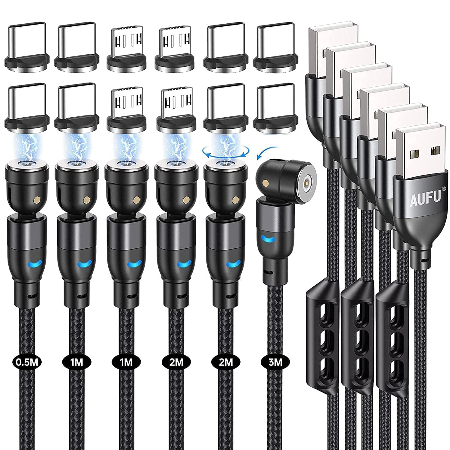 AUFU Magnet Ladekabel, Magnetisches Ladekabel [6Stück, 0.5m 1m 1m 2m 2m 3m], USB C Magnet Kabel 360° und 180° Drehbar kabel Magnetisch mit Micro USB/Type C für Smartphone
