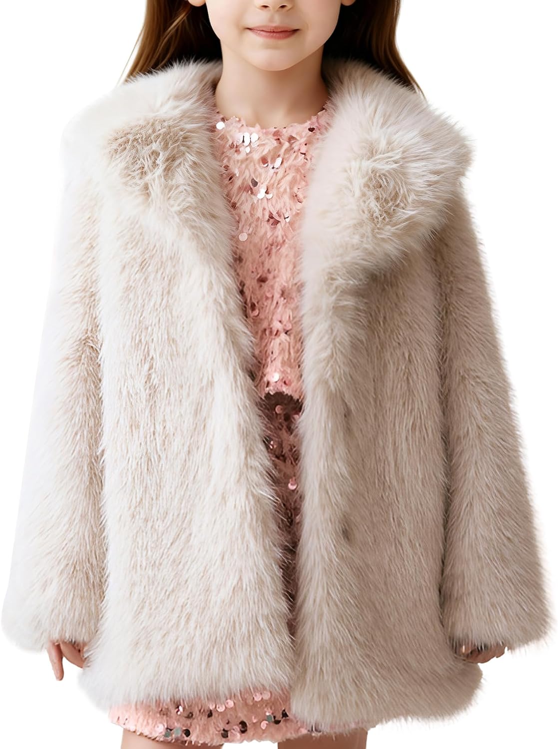 Flygo Girls Faux Fur Coat Fluffy Winter Fur Jacket Midi Lapel Long Sleeve Furry Shaggy Coats Outerwear 5-14 Years