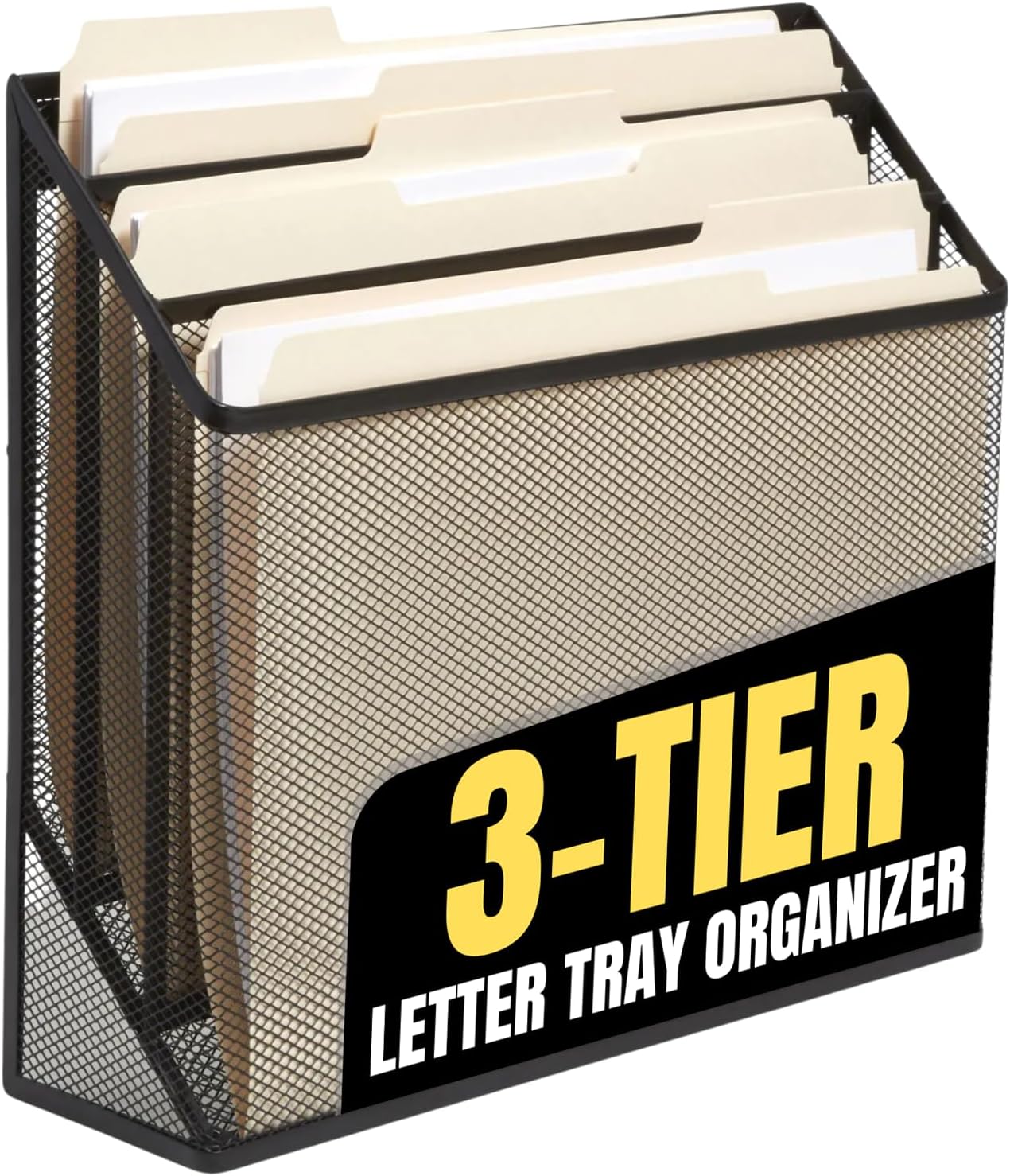 3 Tiers File Folder Organizer, Desk Sorter, Black Mesh Organizer