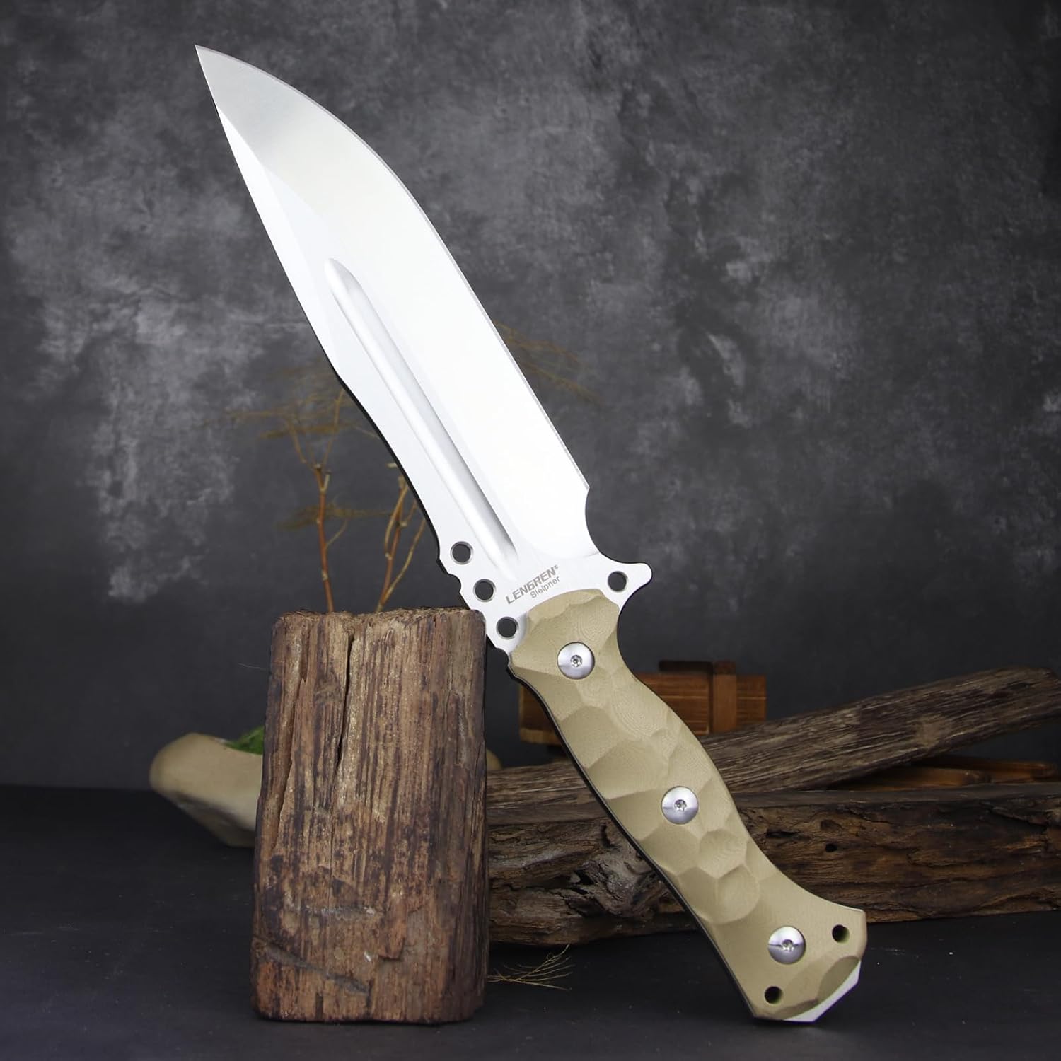 LENGREN【Chief 12.6 Inches THK Full Tang Drop Tactical Fixed Blade Knife Sleipner Steel G10 Handle Kydex Sheath for Camping,Hiking,Hunting,Fishing (White)