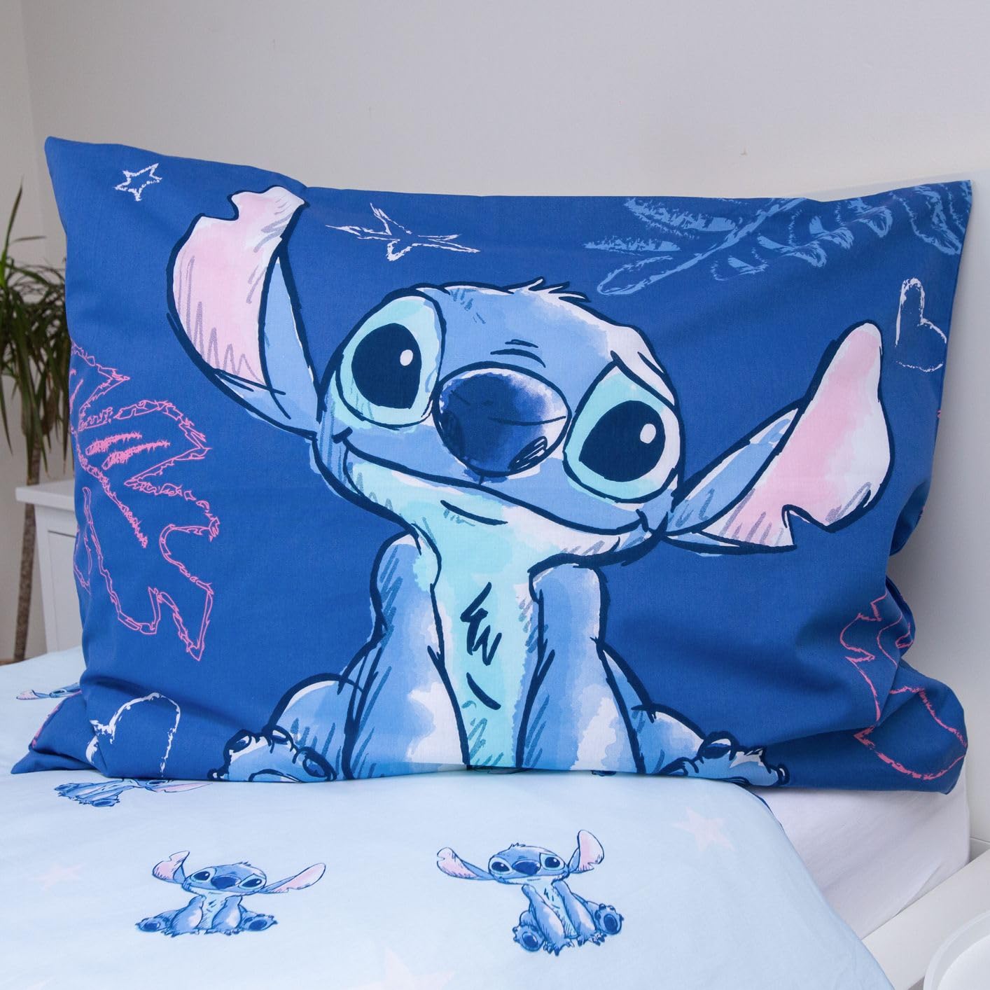 Stitch Aloha Pościel 140x200 + Poszewka Bawełna Niebieska Dziewczynki | Odwracalna pościel jednoosobowa | Bawełna naturalna oddychająca Oeko-Tex | Lilo & Stitch | Nastolatki | Do prania w pralce