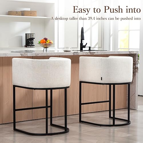 Miniatura 6 de Juego de 2 taburetes de bar de altura de mostrador, taburetes de bar tapizados de tela de lino moderna con brazos, taburete de cocina de 25