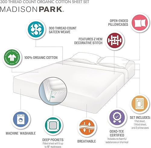 Miniatura 6 de Madison Park Sábanas de algodón orgánico, suaves y transpirables, sábanas de algodón de 300 hilos, juego de sábanas elásticas con bolsillo profundo
