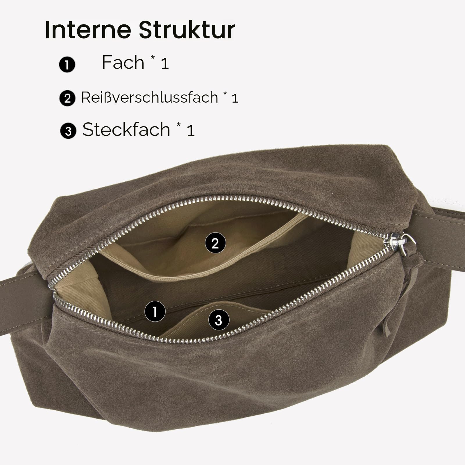 DONNAIN Premium Wildleder Tasche Damen aus Halbmondform, Handtasche Leder, Lederhandtasche Damen Echtleder, Umhängetasche, Elegant Suede Bag mit verstellbarem Riemen