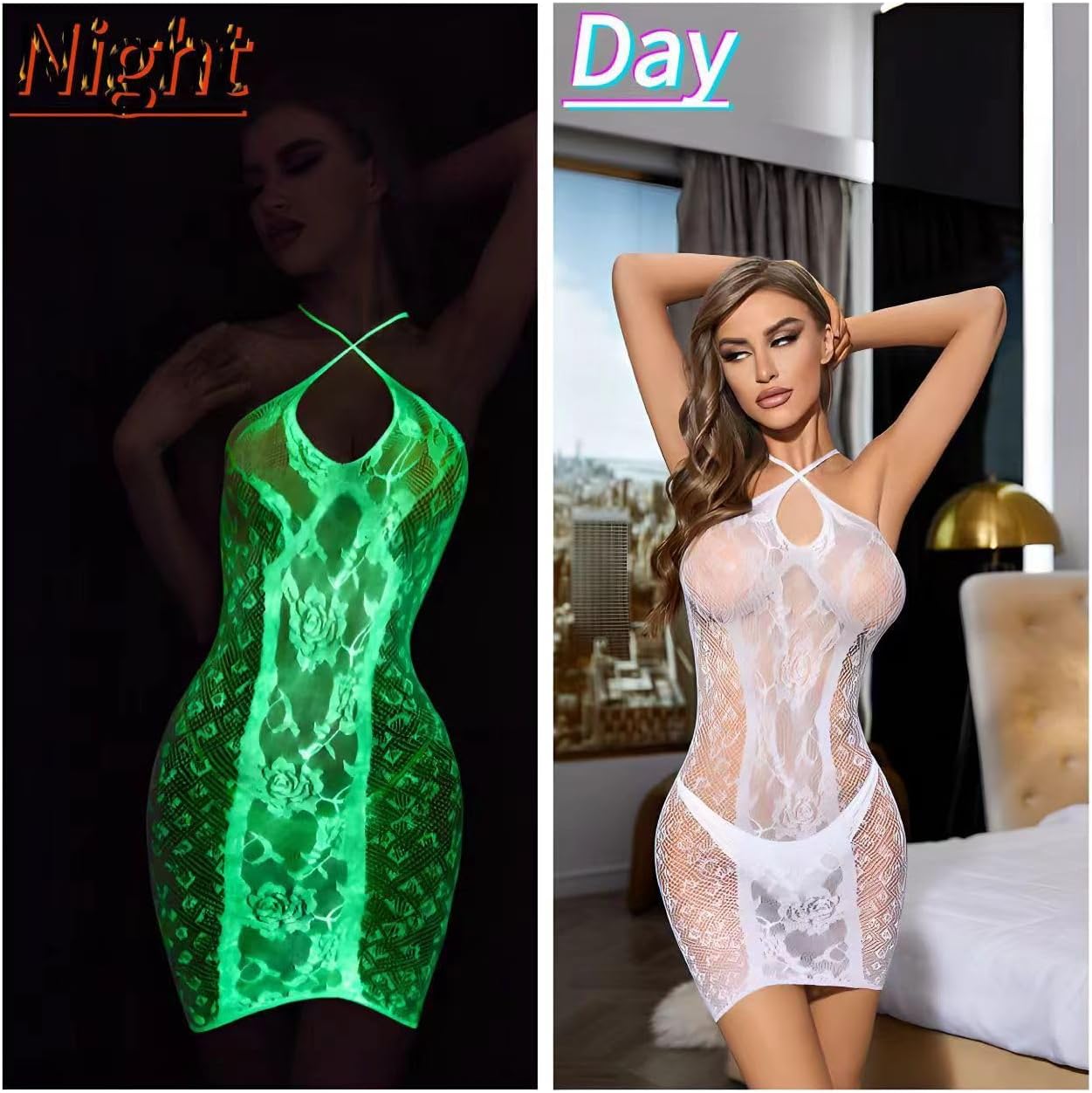 DTWAWA Glow in the Dark Sexy White Fishnet Stockings, Stylish Bodysuit Leggings for Womens Party - Image 4