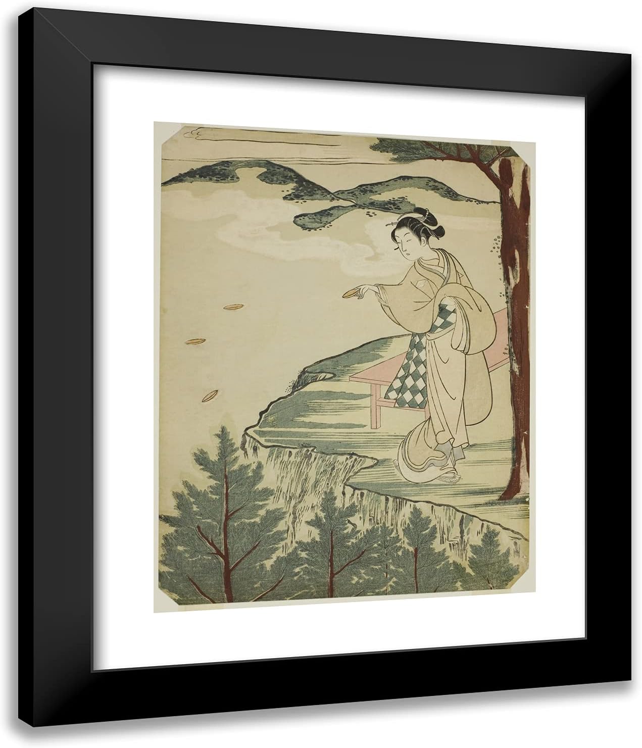 ArtDirect Suzuki Harunobu 20x24 Black Modern Framed and Double Matted Art Print Titled Tossing Dishes Over a Cliff