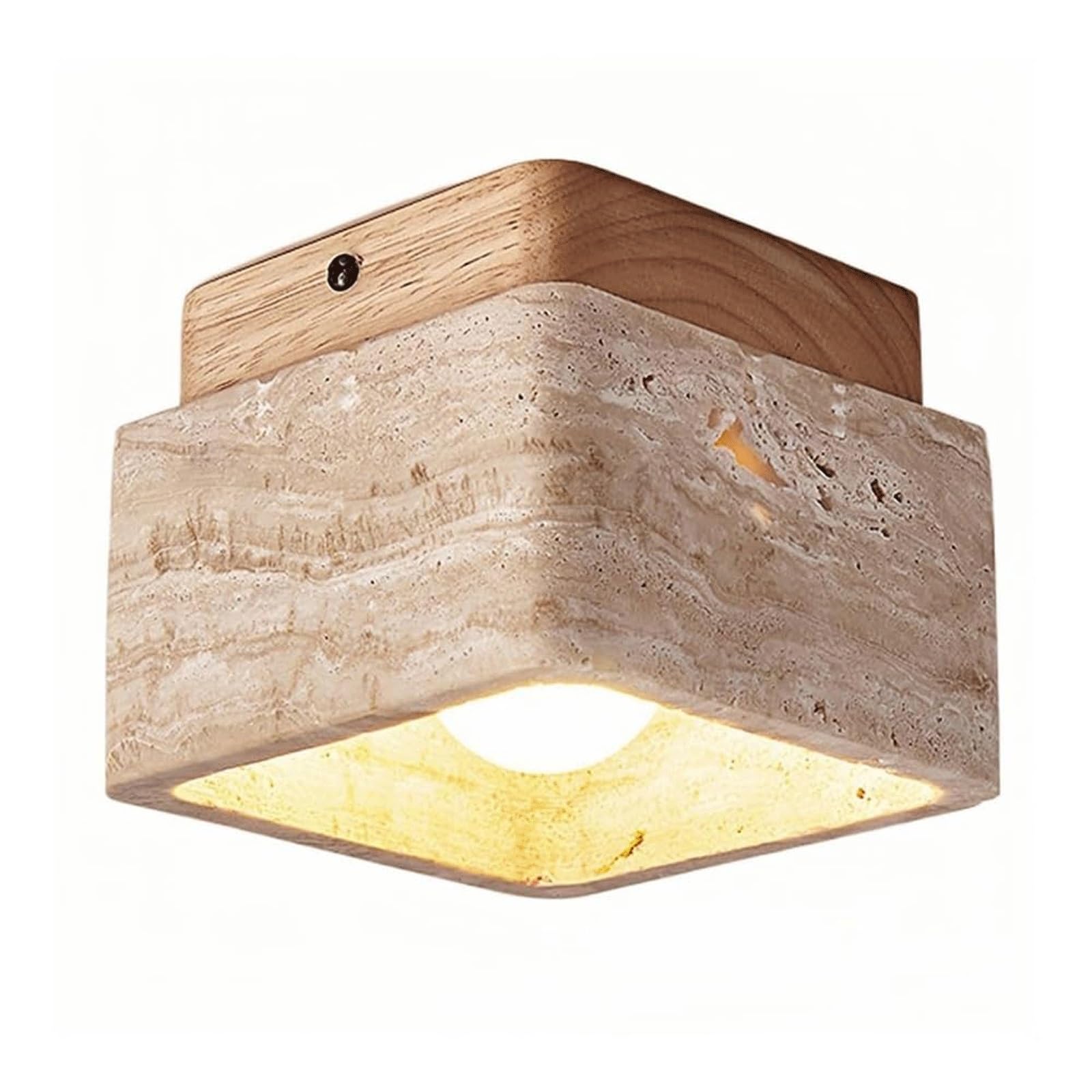 BKEKM Square Flush Mount Lamp Natural Travertine Ceiling Light,Stone Entryway Fixture Rustic Ceiling Lamp G9 Wabi-Sabi Hallway Lamp(Walnut)