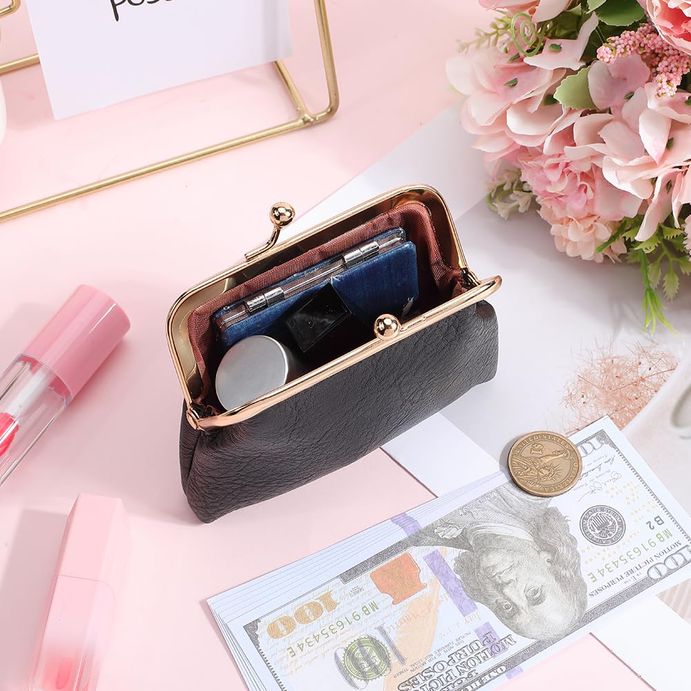 CREATCABIN Black Kiss Lock Mini Wallet Vintage Leather Coin Purse Ladies Money Pocket Metal Frame Compact Hand-held Slim Wallet Gift for Women Men Credit Card Keys Coin Headset Storage 4.1x4.3x1.2in - Image 4