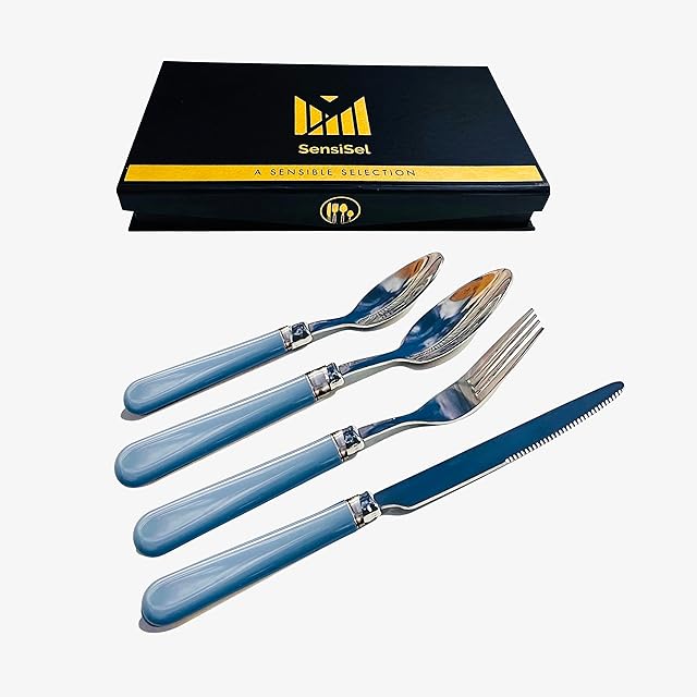 SensiSel Cutlery - Dishwasher Safe 16 pc Coloured Cutlery Set (Light Blue) - Stainless Steel with Plastic Wide Handles  Comfortable to Hold