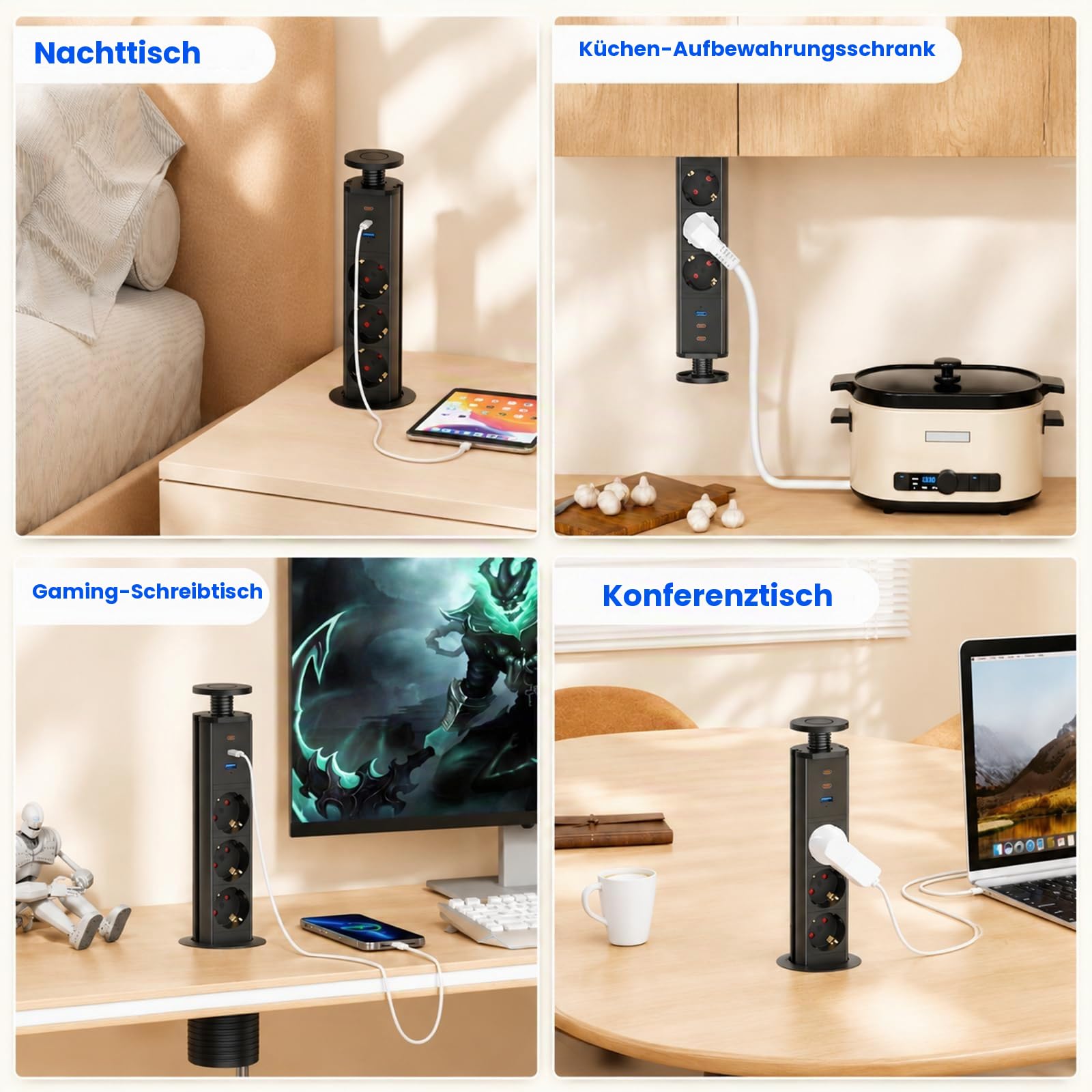 Versenkbare Steckdose 3-Fach USB-C PD 30W, Ø60 mm, Schwarz