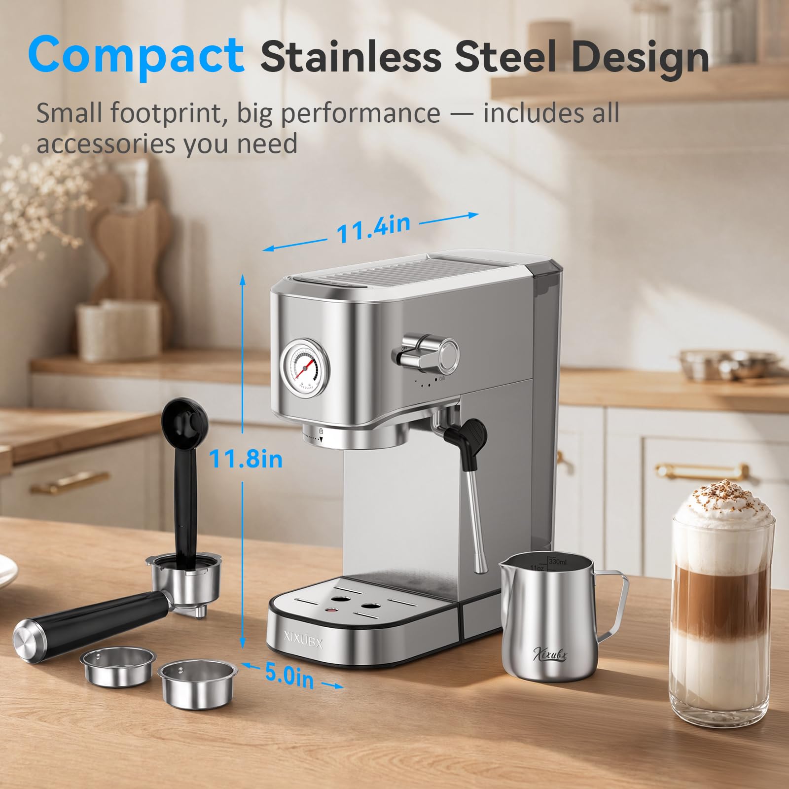 XIXUBX Cafetera espresso compacta de 20 bares con espumador de leche de acero inoxidable para capuchino y café con leche, medidor de presión de tanque de agua de 1 litro