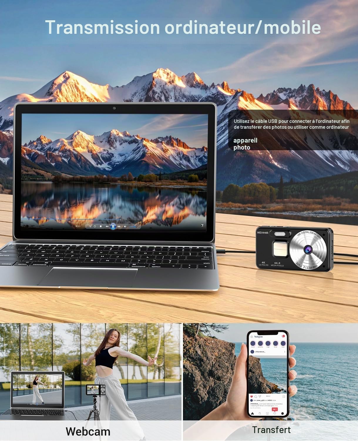 Appareil Photo Numérique 4K 64MP, Wevoor 32GB Digital Camera Compact | Écran 2,8", Autofocus, Zoom Numérique 18X, 2000mAh Batterie, Portable pour Débutants Adultes Enfants Adolescents - Noir