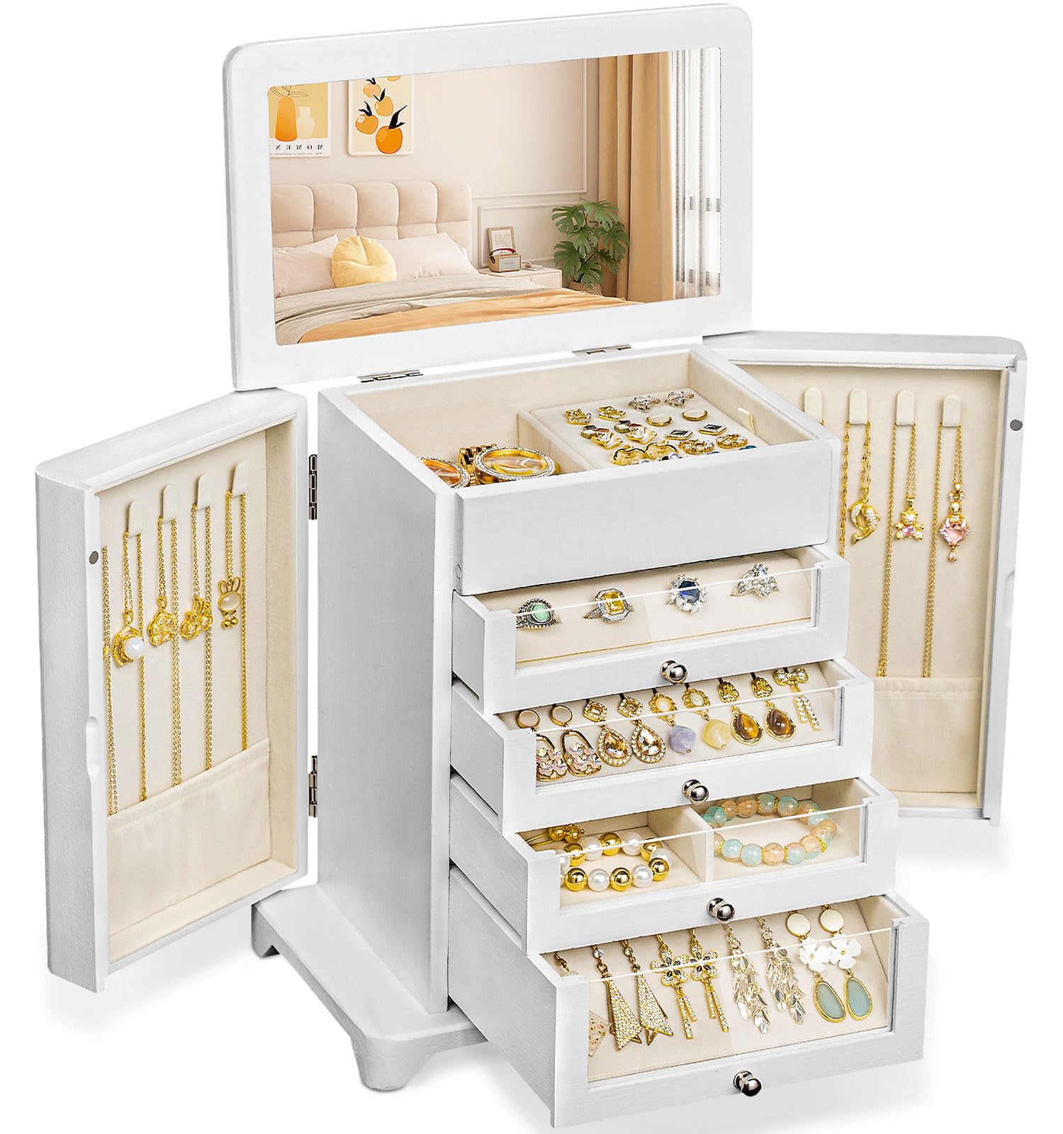Grande coffret et organiseur de bijoux pour femme, rangement à bijoux en bois avec 4 tiroirs transparents, convient pour ranger colliers, bagues, bracelets, boucles d'oreilles（Blanc）