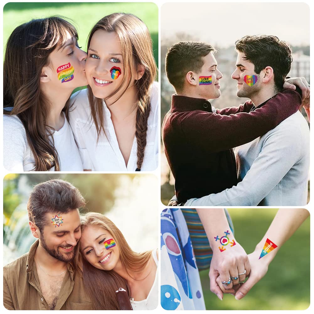 AOMIG 70+ stylów tatuaży z dumą, 10 dużych arkuszy tymczasowych tatuaży Gay Pride, wodoodporne naklejki z tatuażami LGBT Rainbow Flag na festiwale Pride dekoracje świąteczne