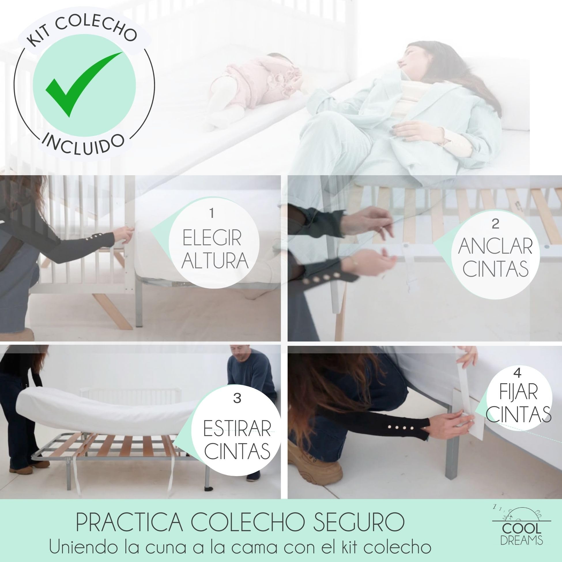 Cuna Colecho Madera para Bebé, 3 Alturas de Somier | Laponia CoolDreams | Estilo nórdico, color natural. Kit colecho y 4 ruedas con freno incluidos para unir a la cama.