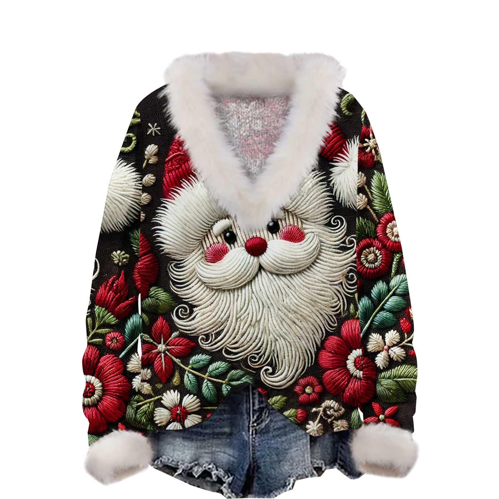 Suéter verde de Navidad para mujer con cuello de pelo sudadera Papá Noel invierno 5