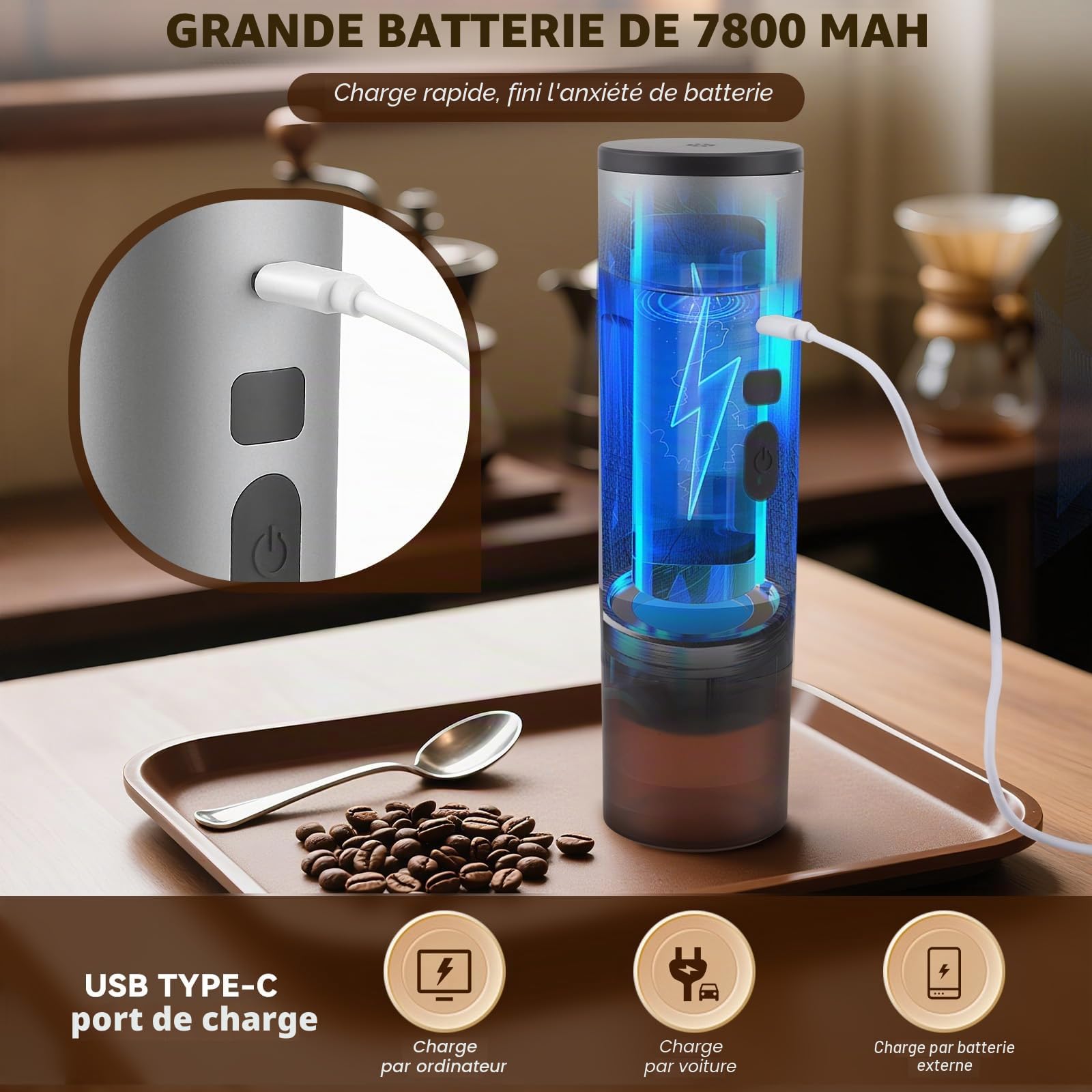 Machine à Café Portable, Sans Fil Machine à Espresso, 3 en 1 Compatible avec Capsules & Café Moulu, Auto-Chauffante, Rechargeable, Pressions 20 Bar, pour Voyage Camping Voiture Maison Bureau