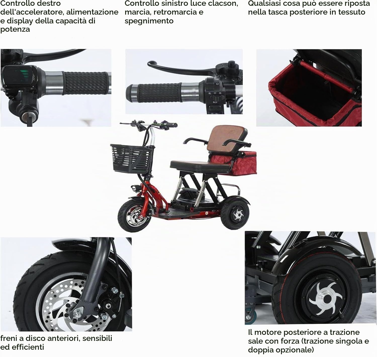 Scooter Elettrico a 3 Ruote Pieghevole Compatto Ausilio Mobilità Portatile con Caricabatterie Sedile Comodo Cestino per Anziani Disabili