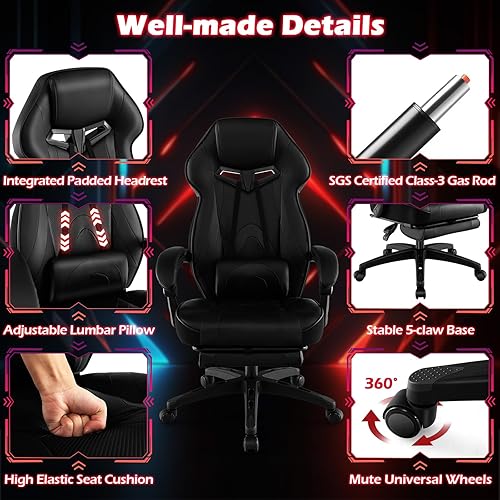 Vista 4 de Giantex Silla de juegos con reposapiés para adultos, silla reclinable de videojuegos con soporte lumbar, silla ergonómica de computadora de oficina