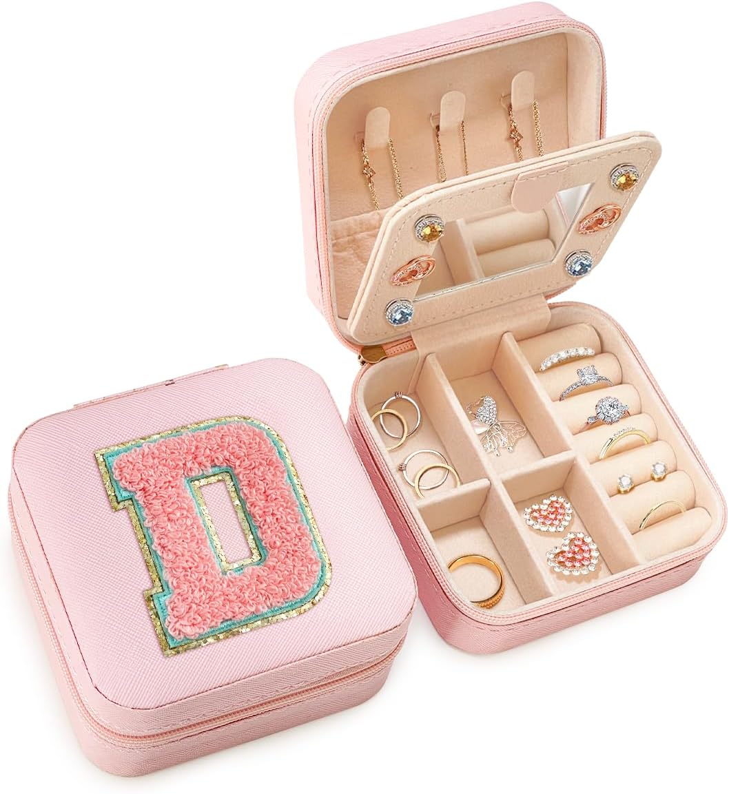 SANDJEST Personalized Jewelry Box, Pink Travel Jewelry Box with Initial D, Small Monogrammed Jewelry Case Organizer for Girls Women Teen Kids, Mini Travel Essentials Gifts for Birthday Christmas