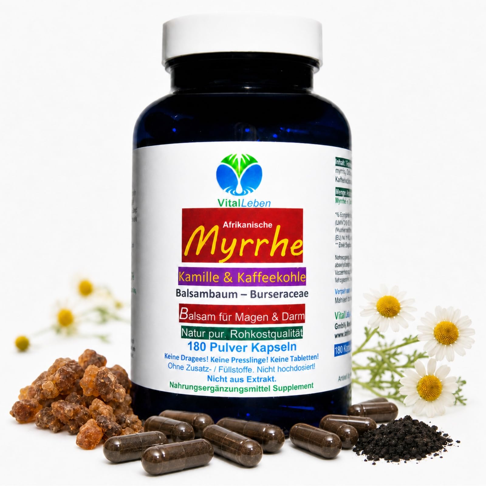 MYRRHE + KAMILLE + KAFFEEKOHLE Balsam für den gestressten Darm 180 Pulver Kapseln nach AYURVEDA und Hildegard von Bingen - NATUR pur - OHNE ZUSATZSTOFFE. 27160-180