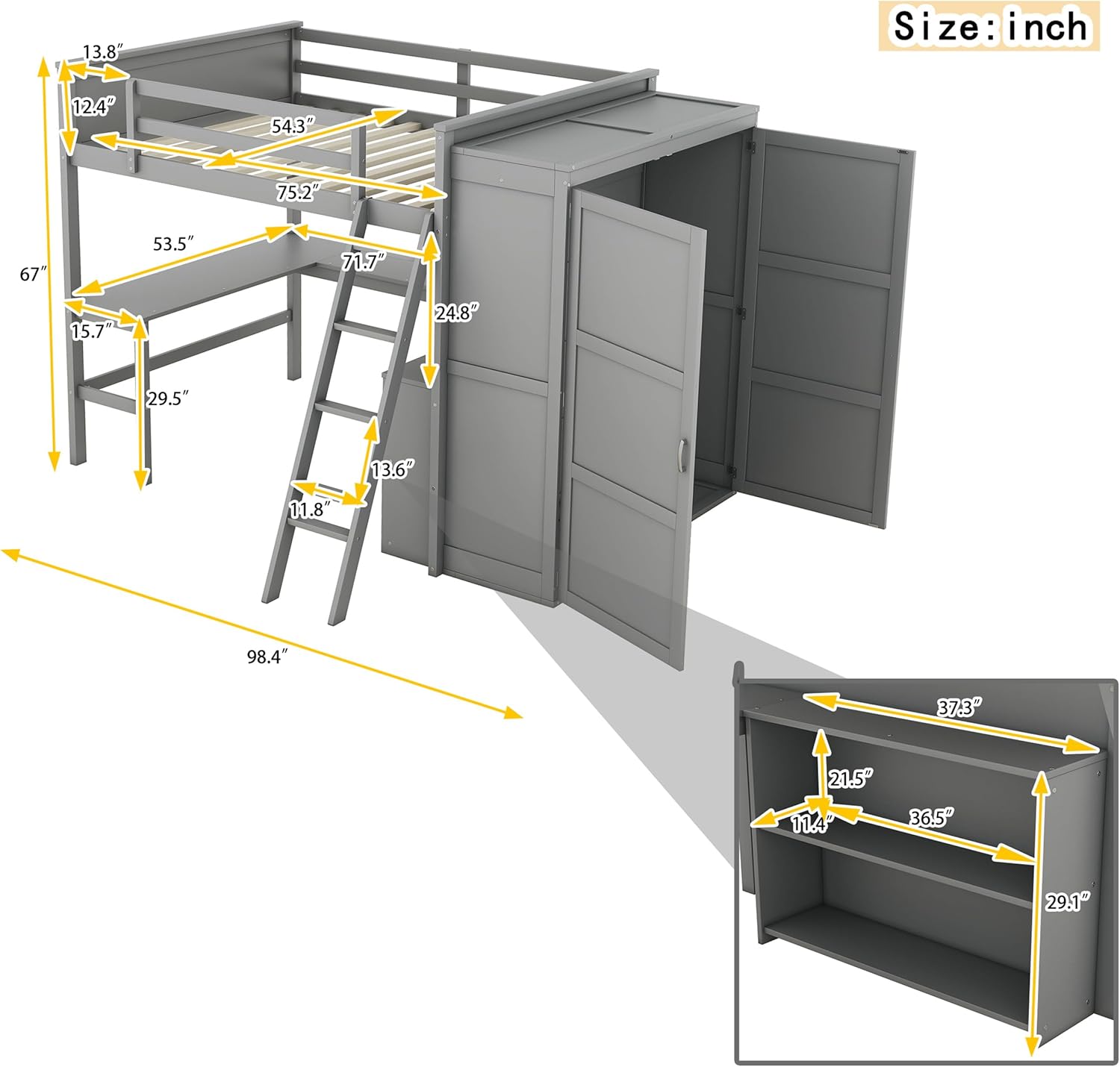 SENZZ Full Size Loft Bed with Desk, Wooden Loft Beds with Storage Shelves and Wardrobe, Full Bedframe for Adult, Boys, Girls, (Gray, Full)
