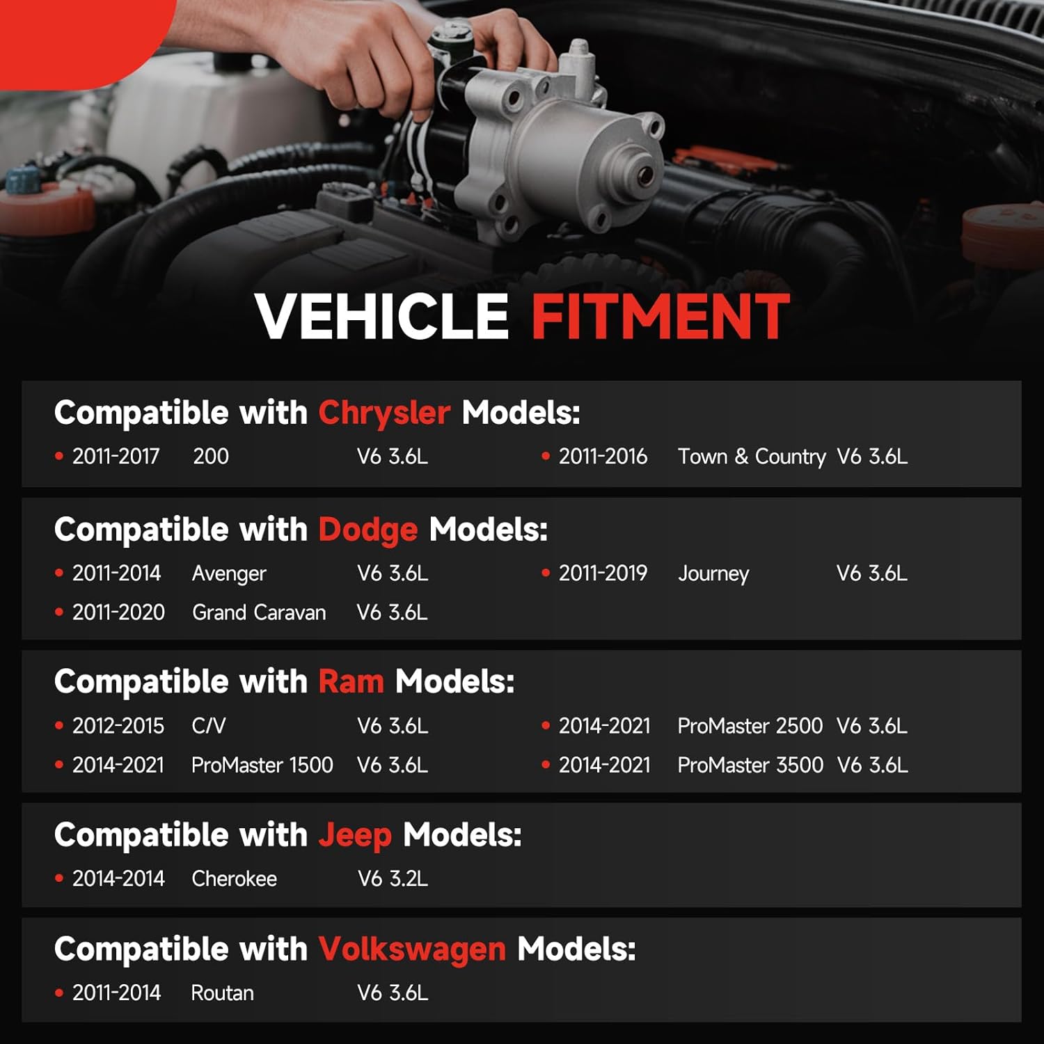 19616 New Starter Replacement for V6 3.6L Chrysler 200 11-17，Chrysler Town & Country 11-16,Dodge Grand Caravan Avenger Journey,Ram C/V Promaster 1500 2500 3500,Volkswagen Routan,Jeep Cherokee 3.2L