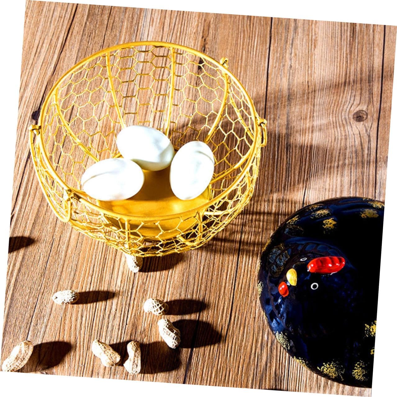 Uonlytech Iron Art Egg Basket with Chicken Lid Black and Gold Metal Wire Egg Holder for Kitchen Storage Suitable for Countertop and Pantry Organization