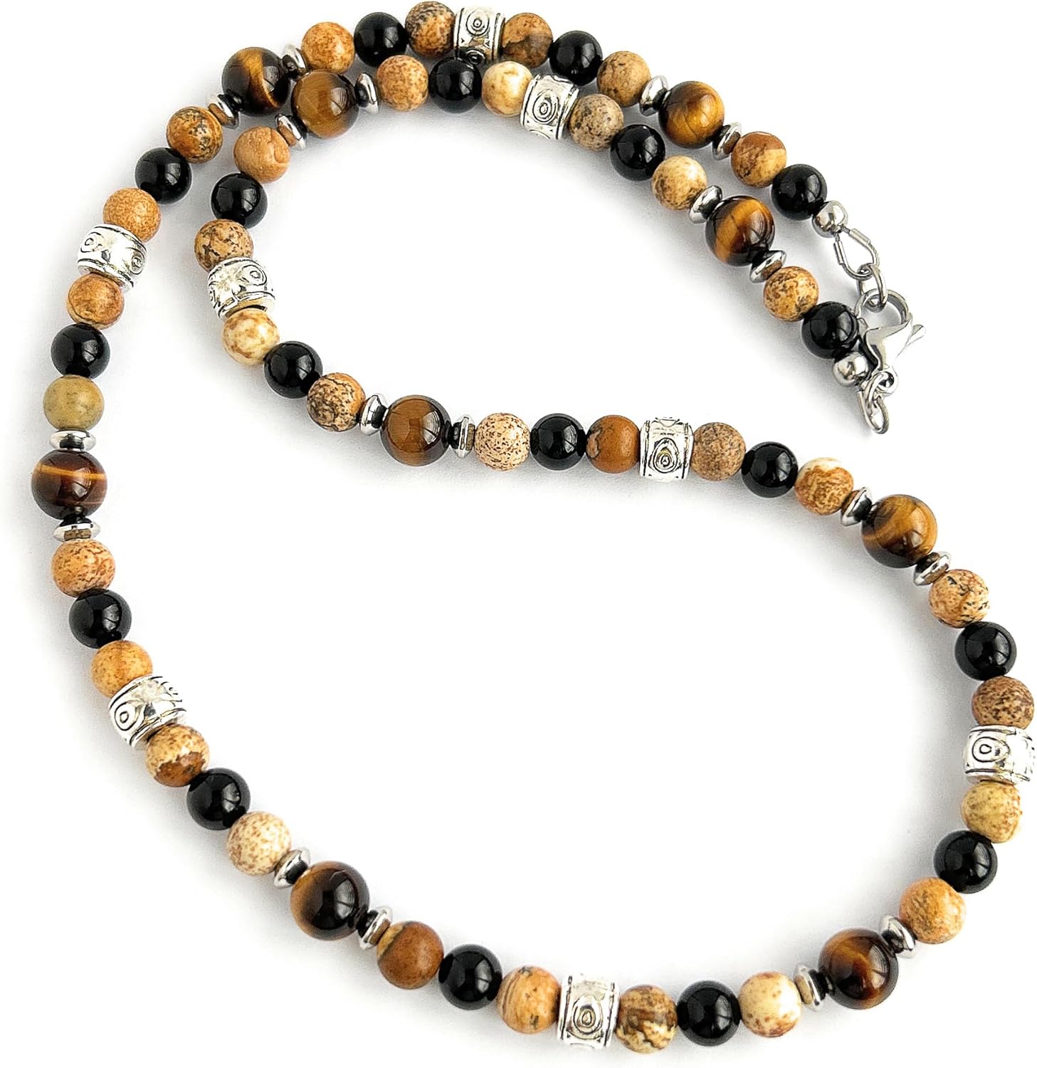Mami's Gem Studio Handmade Mens Natural Stone Necklace - 6-8mm Gemstones Beaded with Earthy Picture Jasper