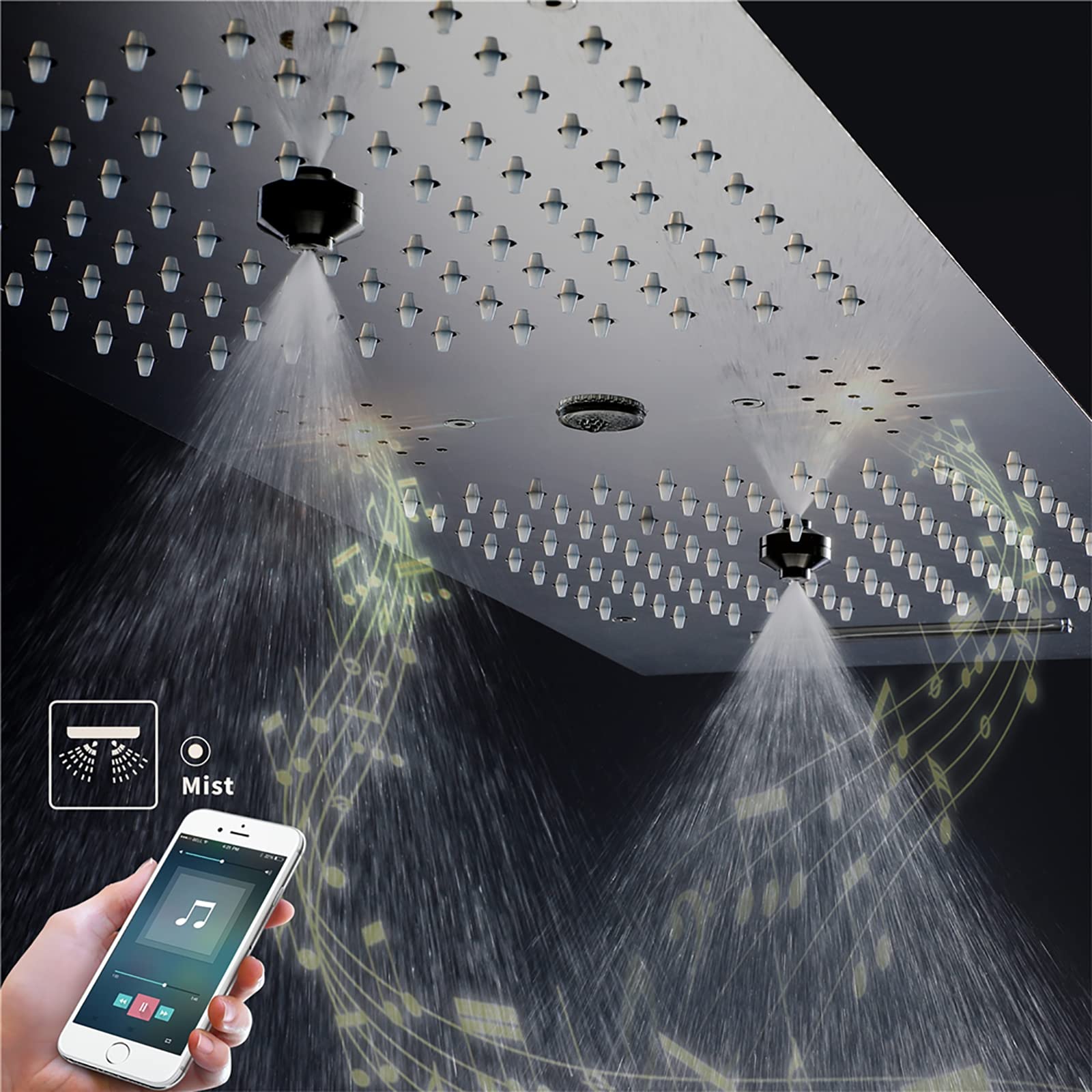 LED Música Rociador Ducha 90x30cm Cromado Alcachofas Fijas para Ducha 4 Funciones 64 Colores Alcachofa de Ducha Rectangular 304 Acero Inoxidable Cabezal de Ducha Lluvia,Touch Control