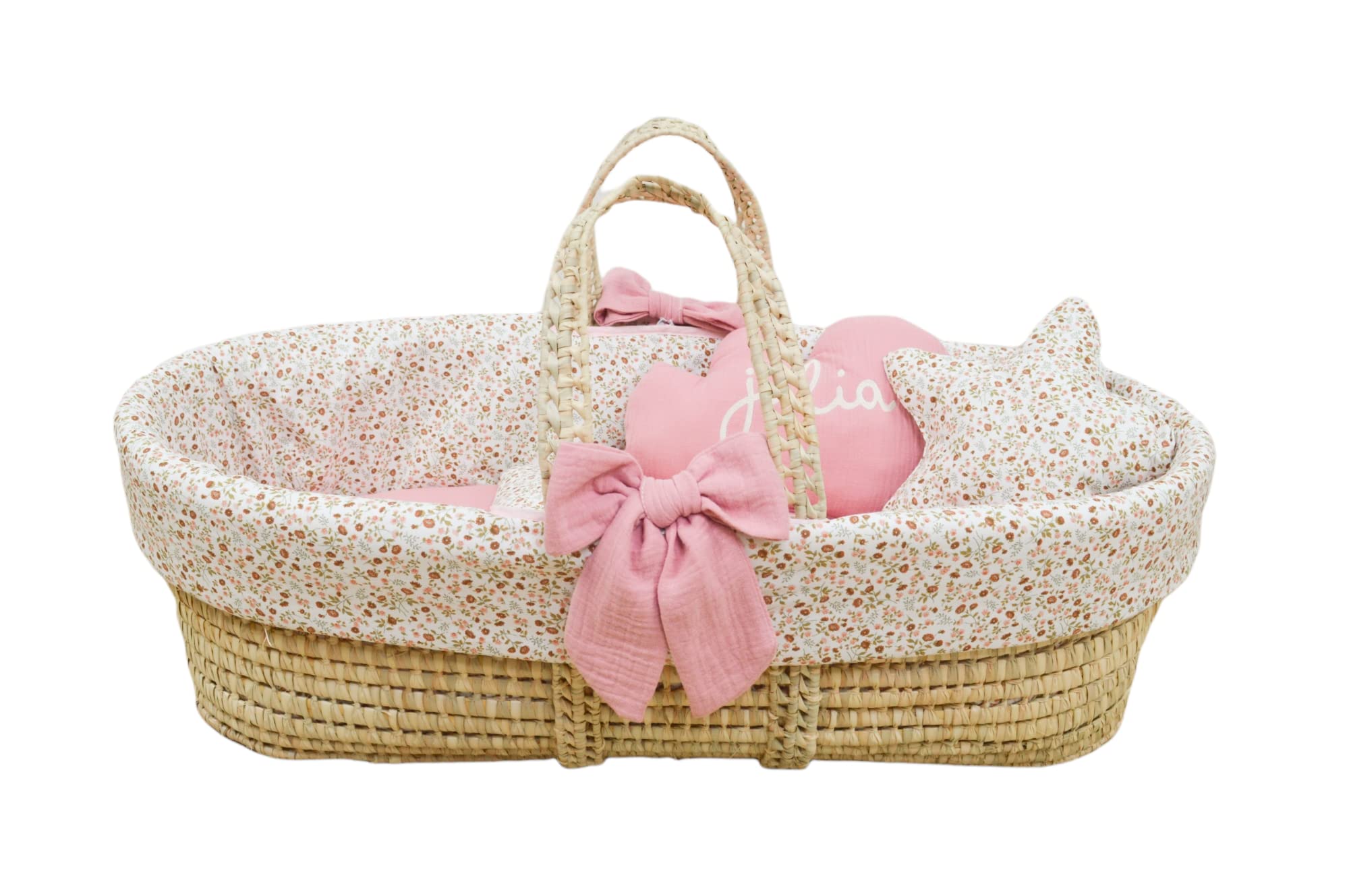 Nenel Capazo Mimbre bebé Personalizado – Moisés Palma recién Nacido – Cuco SIN Patas – Flores Liberty Rosa