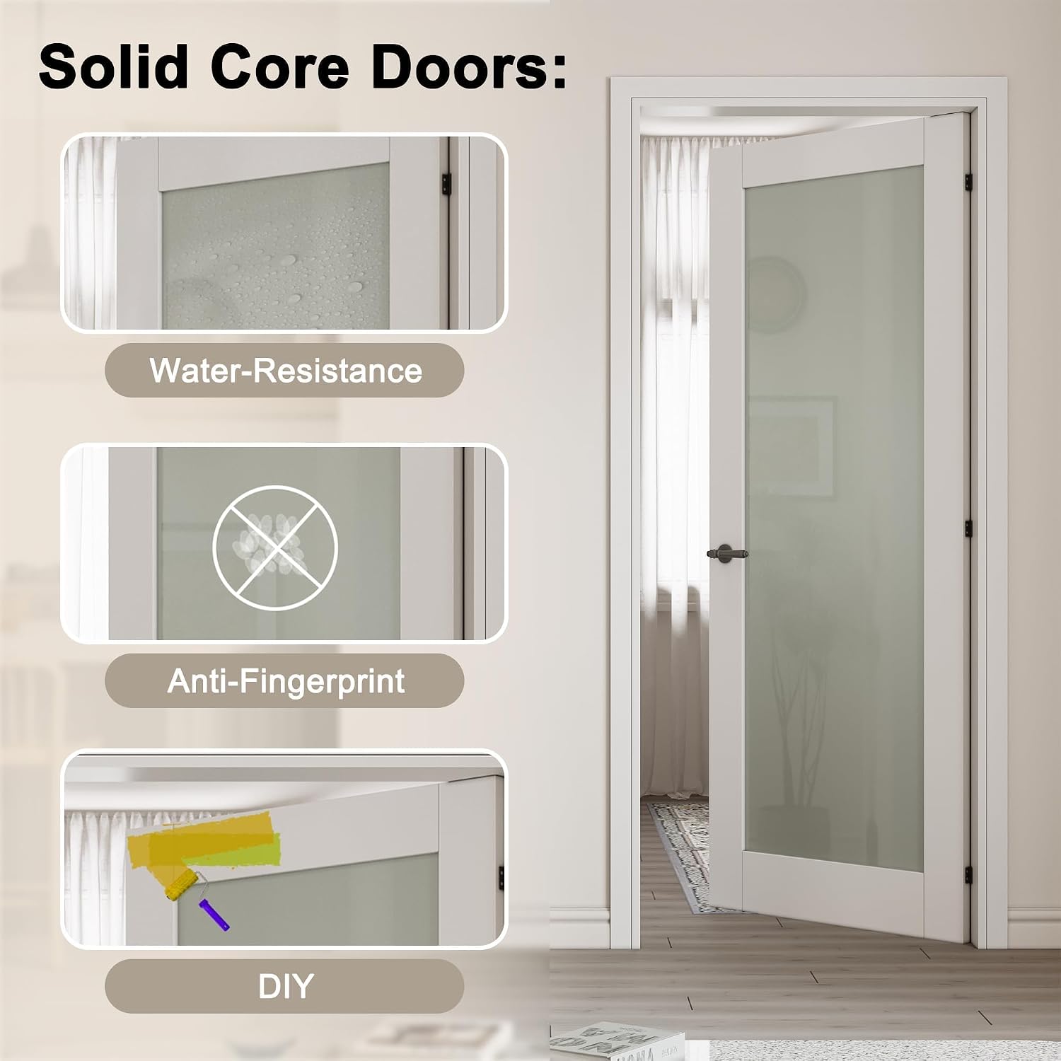36 x 80 Prehung Door Half-Lite Tempered Frosted Glass Slab Doors with Jamb Kit, Solid Core MDF Interior Door for Bathroom Pantry Laundry, Easy Assemble - Right Handed Black Hinge