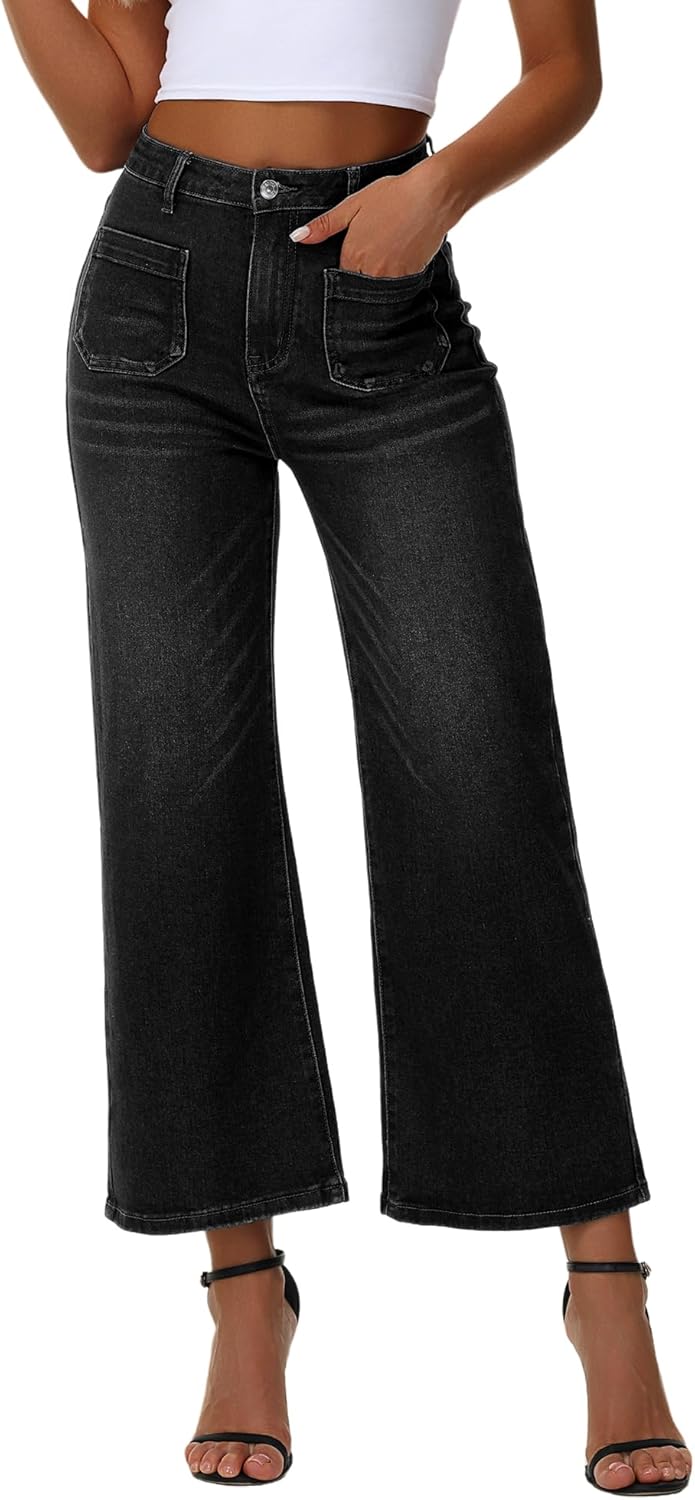 Genleck Women's Wide Leg Jeans – Cropped High Waisted Petite Trendy Jeans Button Stretchy Capri Baggy Loose Fit Denim Pants