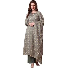 Tissu Womens Cotton Satin Green Printed Zari Work Kurta & Palazzo Set with Dupatta