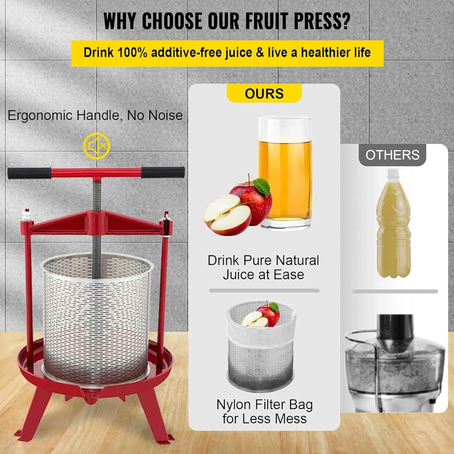 Fruit Wine Press Manual Press for Wine Making 2.4Gal 9L Stainless Steel Basket Red Silver Wine Grape Press