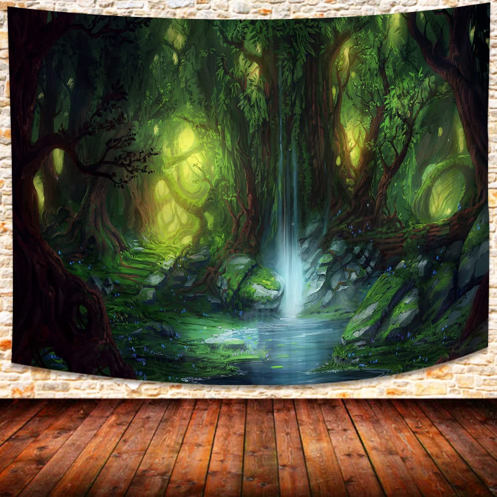 SHRAPHY Magic Forest Tapestry 93x71 Inches Fantasy Fairy Forest Landscape Bright Waterfall Wonderland Fireflies Tapestry Wall Hanging for Bedroom