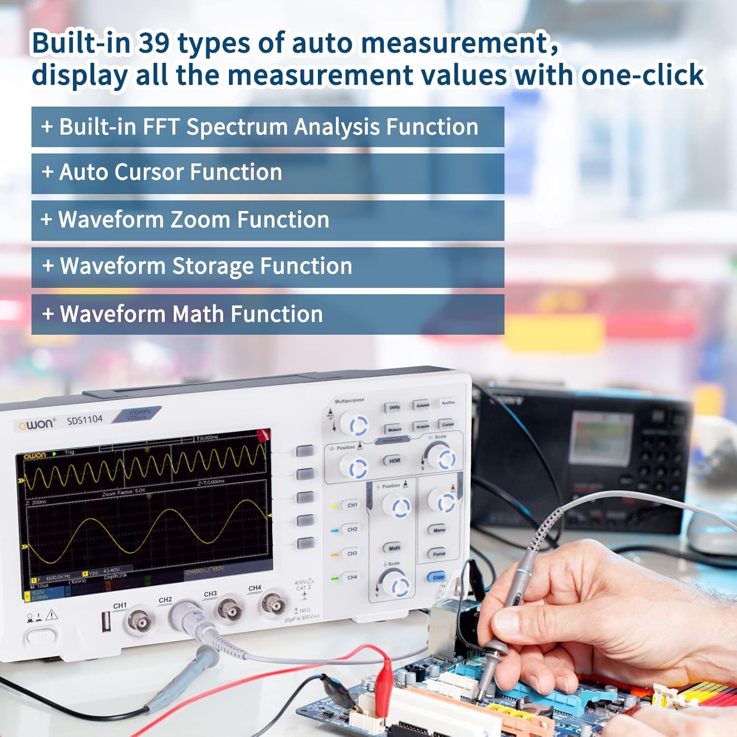 OWON 100Mhz Digital Oscilloscope SDS1104, 7 inch LCD Digital Storage oscilloscope Support SCPI, and LabVIEW,1GS/s 4 Channels Standard Decoder