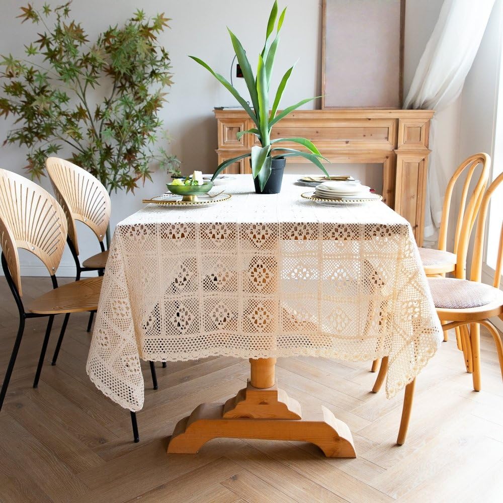 Retro-Häkeltischdecke, extra lang, beige, rechteckig, Spitzentischdecke für Esszimmer und Restaurant, Off-White, 85 x 85 cm