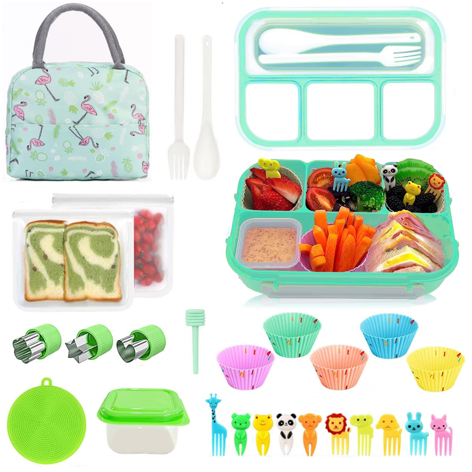 Bento Lunch Box,U-HOOME 27Pcs Bento Box Lunch Box Kit, 1300ML Lunch Container Utensils Lunch Bag, Durable Leak-proof Box 4 Compartments with Bag Accessories, Microwave Dishwasher Safe (Green)