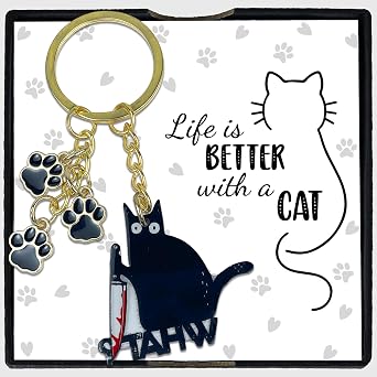 Chaotic Black Cat Keychain with Knife Hilarious Charm Featuring Bloody Blade and Paw Print, Quirky Dark Humor Gift for Cats Lovers, Cute Keyring with Life Is Better with a Cat Message Gift Box