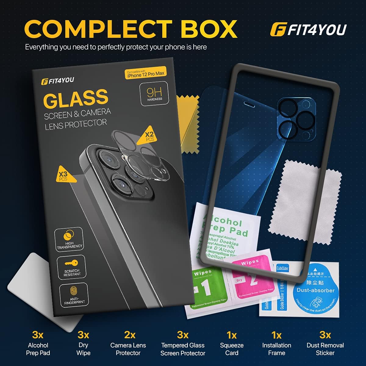 Best Screen Protector 6.7 Inch for iPhone 12 Pro Max, 3 Piece Tempered Glass and Camera Lens Protection Kit – 2.5D Edge, Scratch Resistant 9H Hardness with Anti-Fingerprint Hydrophobic Coating