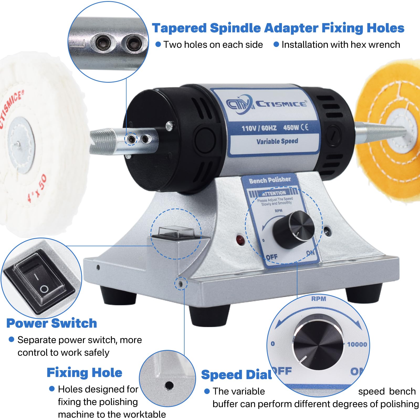 Lucidatrice da banco per gioielli, lucidatrice da tavolo a velocità variabile regolabile, smerigliatrice buffer da 450 W con 8 ruote lucidanti, 2 pezzi di composto lucidante, occhiali da