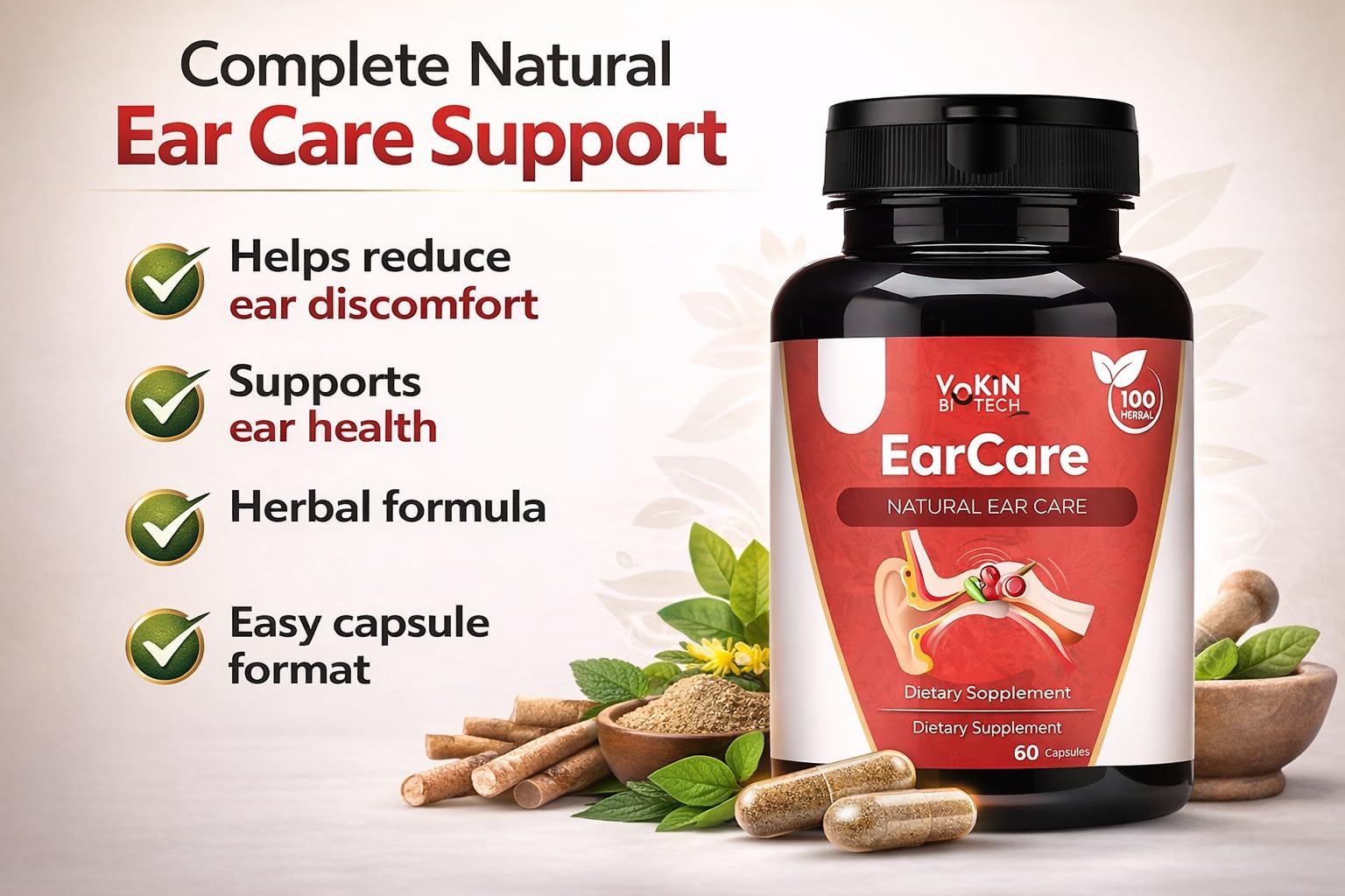 Vokin Biotech EarCare Combo Pack – Natural Ear Wellness Capsules (60) + Herbal Powder (50g) | Ayurvedic Dietary Supplement | Supports Ear Comfort & Daily Wellness — Amazon image 2
