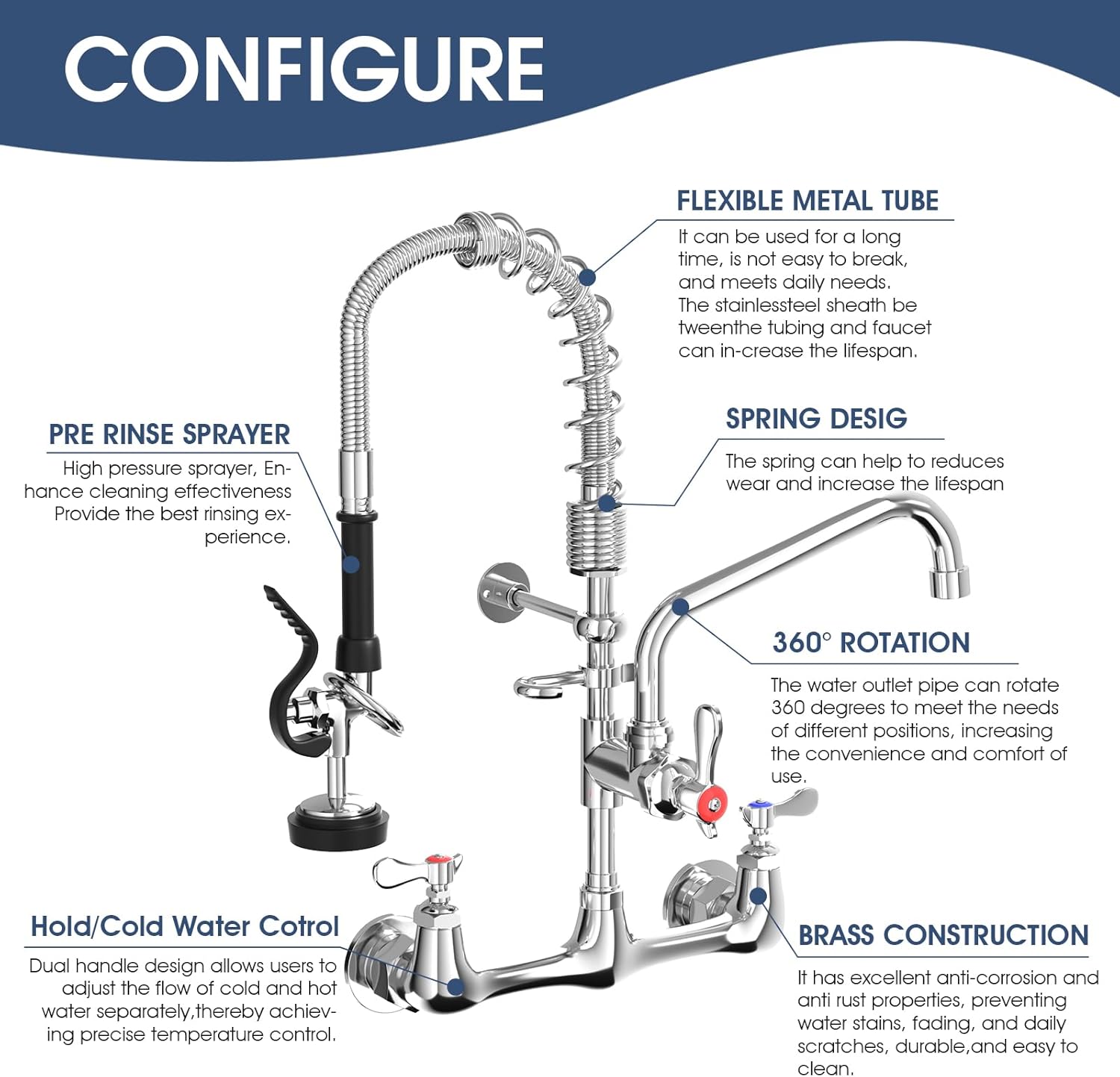 Commercial Wall Mount Kitchen Faucet with Pull Down Pre-Rinse Sprayer, Adjustable Swing Spout, Heavy-Duty Utility Sink Tap for Restaurant, Bar, 3 Compartment Sinks